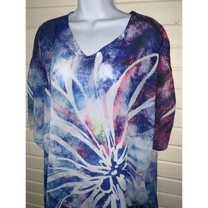 Jess & Jane Sz SMALL Art To Wear Tunic Chiffon Contrast Blue Floral Tunic EUC